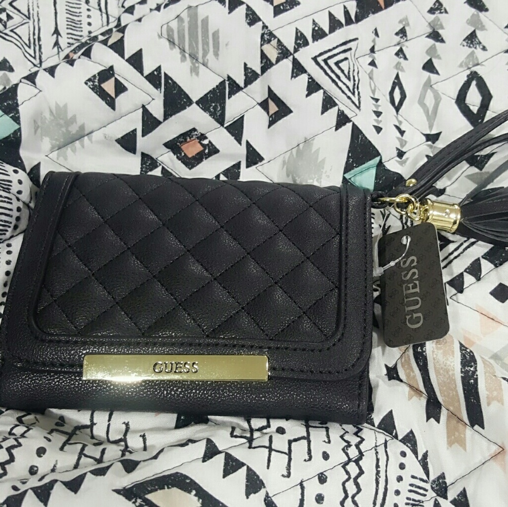Guess Women wallet Black Quilted Trifold Leather