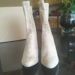 Lucite heel faux suede mid calf booties
