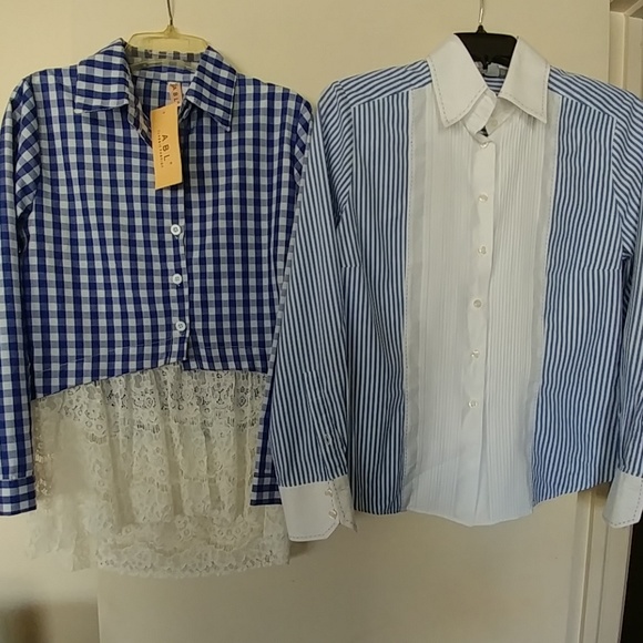 WOMEN'S BLUE PLAID & WHITE LACE BLOUSE SZ M/L - Picture 2 of 5