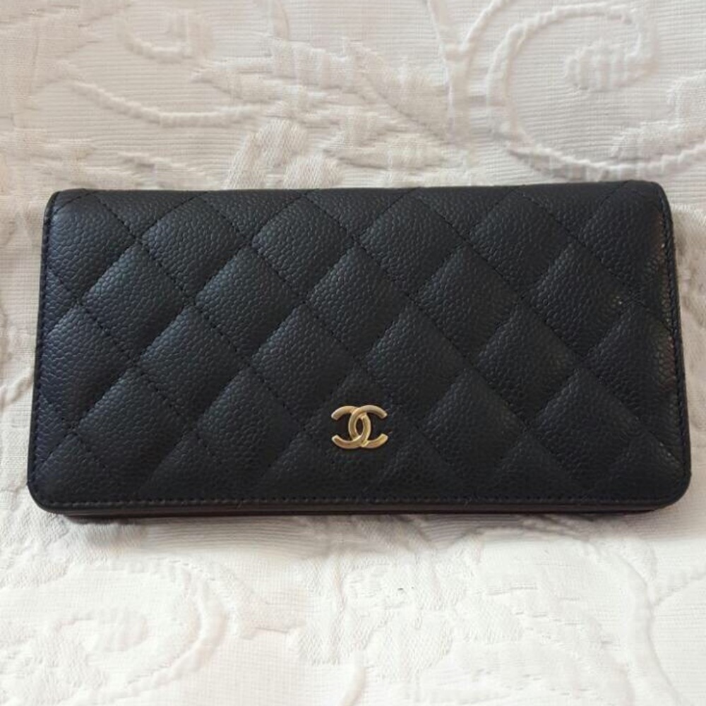 Chanel Wallet Caviar Long Bifold Black Gold