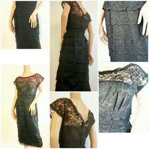 Vintage tiered waterfall black lace goth dress
