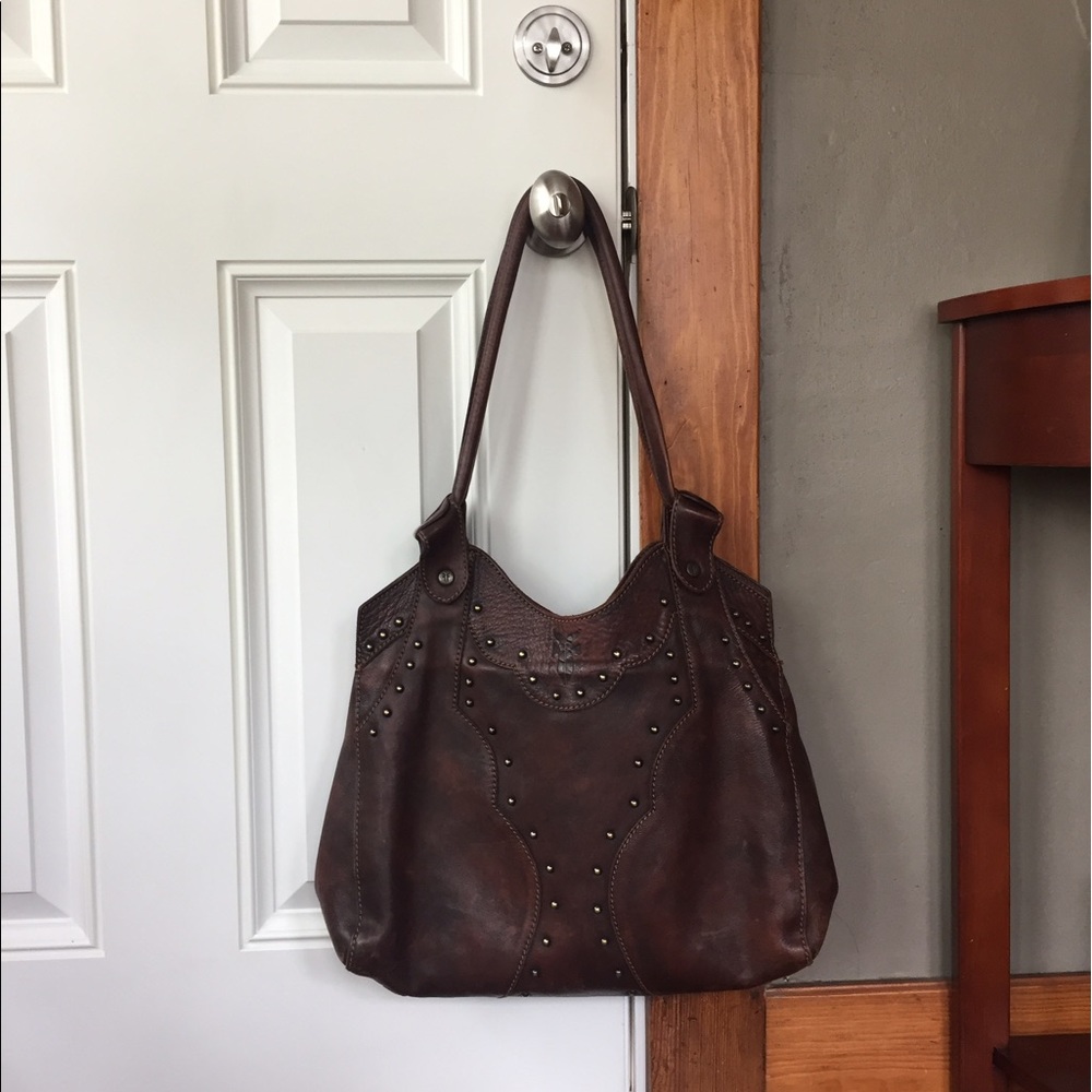 FRYE vintage stud distressed brown shoulder bag!