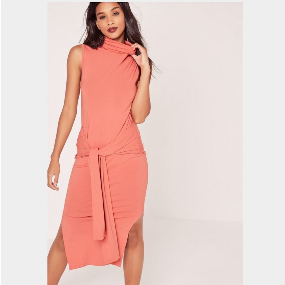 Roll Neck Tie Front Split Midi Dress