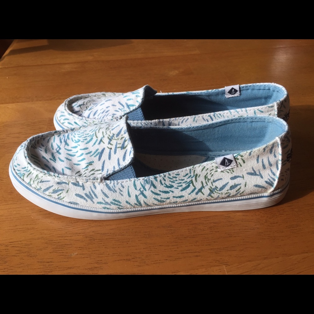 Blue and white sperrys