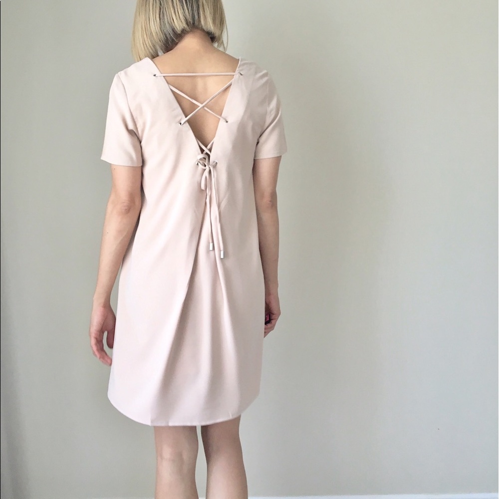 Nude blush taupe lace up dress. - Picture 2 of 4