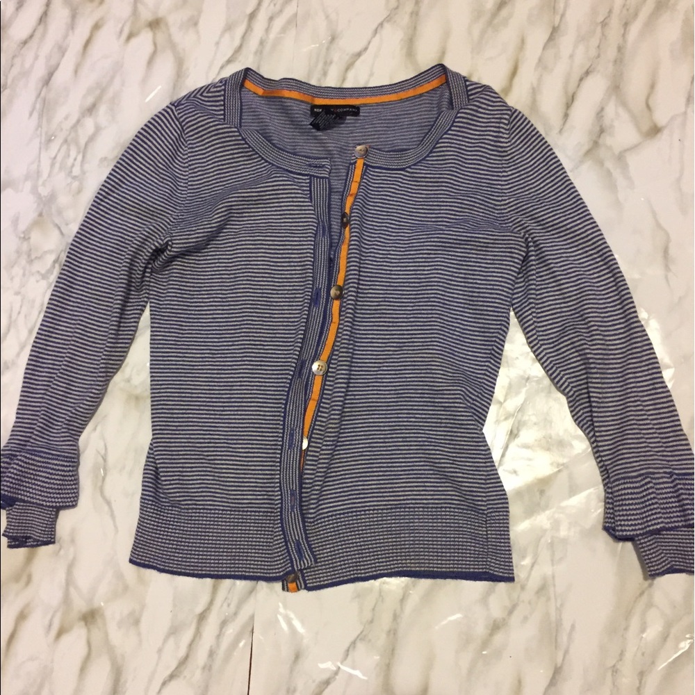 NY & Co. Blue White Striped Cardigan Gold Button