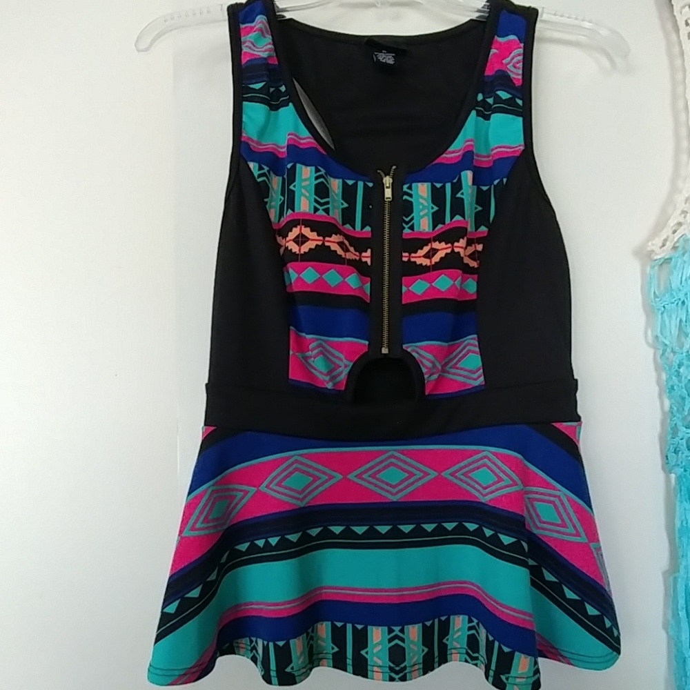 WOMEN'S CAMI TANK BLACK TRIBAL PATTERN ZIPPERED  M