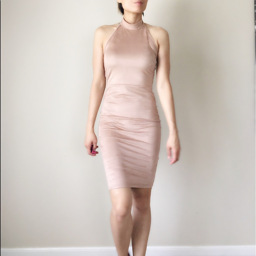 NUDE soft suede like choker bodycon dress. SALE - Picture 3 of 4