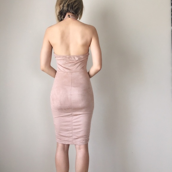 NUDE soft suede like choker bodycon dress. SALE - Picture 2 of 4