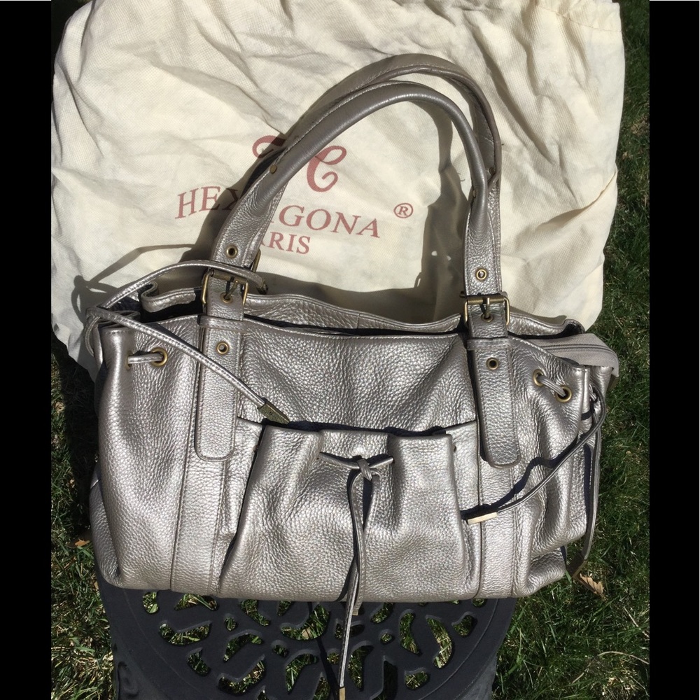 Sabrina Large Metallic Silver Grey Leather Parisian Shoulder Handbag