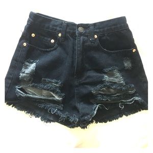 Stretch High Waisted Black Ripped Jean Shorts