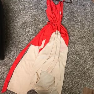Gorgeous coral & tan long maxi dress with pockets