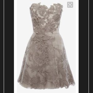Gray tulle dress with floral lace appliqué