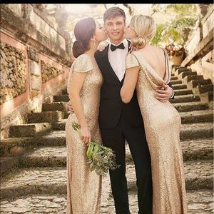 SORELLA VITA gold sequin bridesmaids dress.