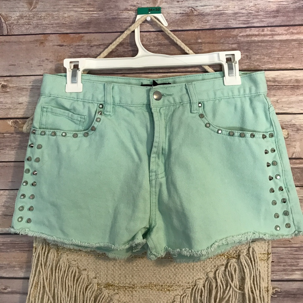 Mint green shorts silver studded denim shorts