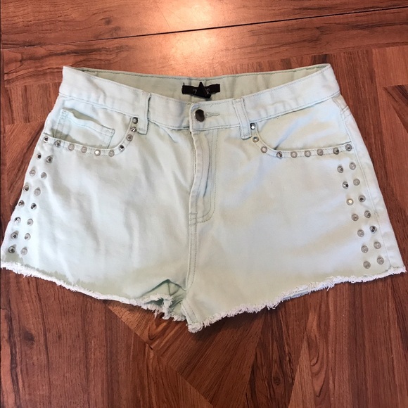 Mint green shorts silver studded denim shorts - Picture 2 of 5