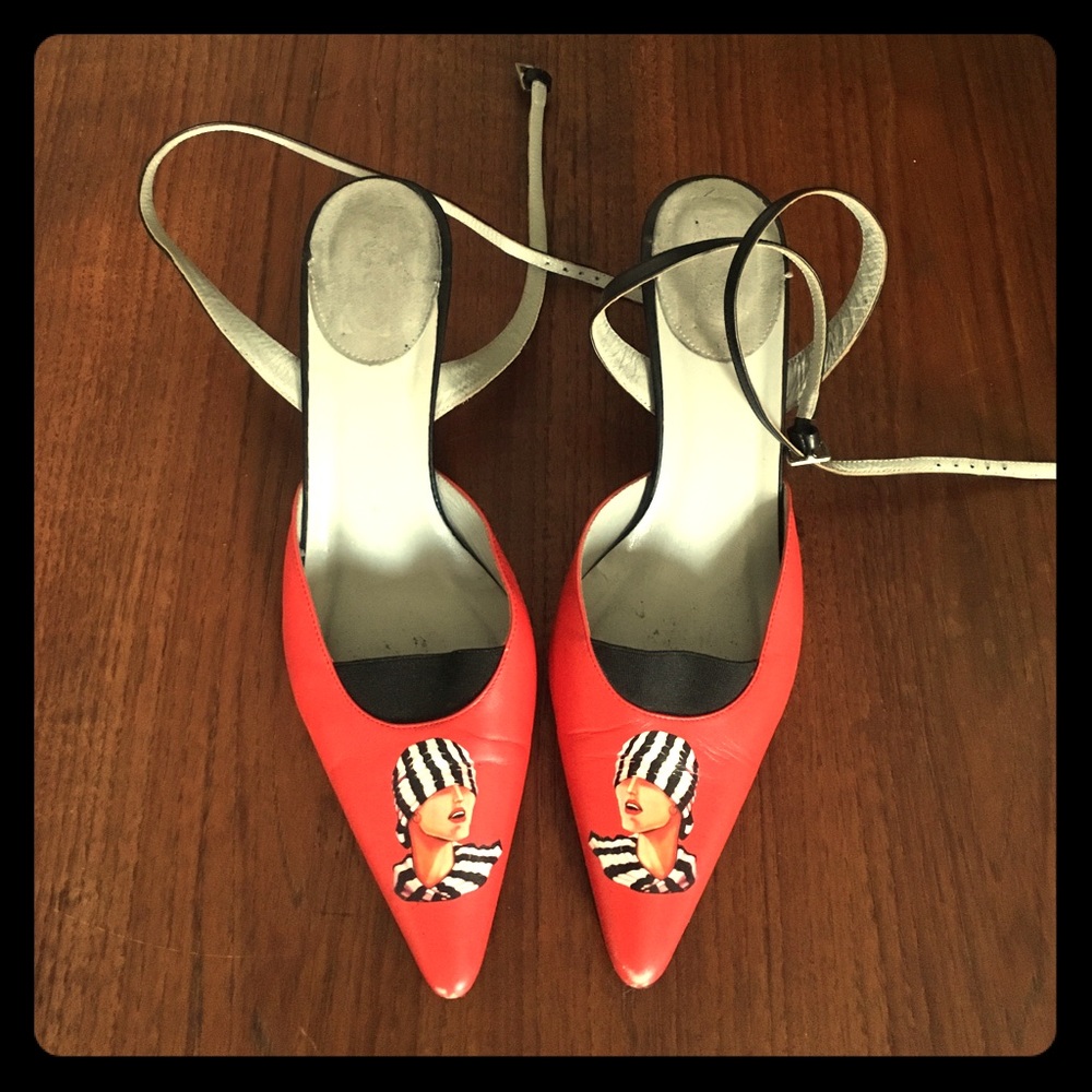 Rad! Italian Red Leather Pumps Low Heel w/ Image