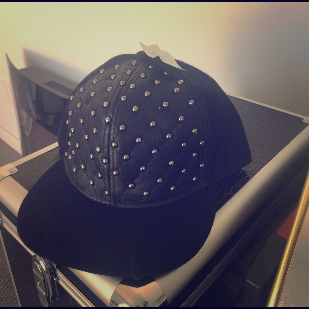 Studded Quilted Faux Leather Hat