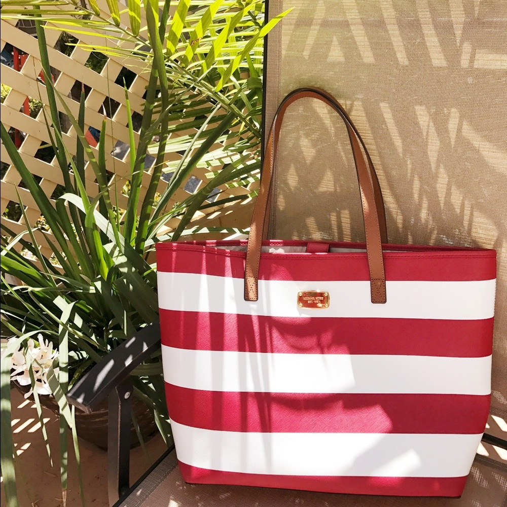 Micheal Kors red stripes tote bag