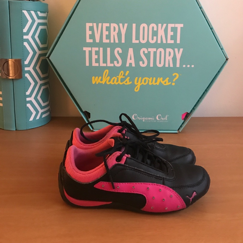 Girls Pink and Black Pumas with Bling