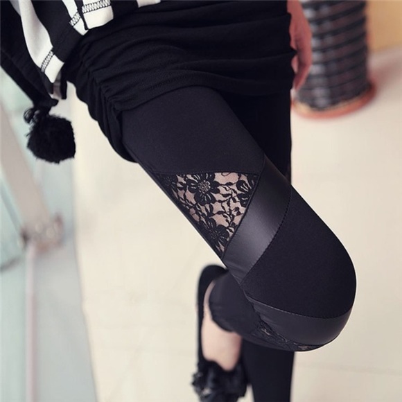Pants - Faux Leather and Lace Leggings