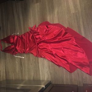 Blonde size 7 GORGEOUS satin red ruffle gown!