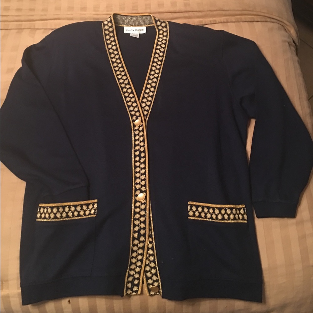 Navy blue gold buttoned, gold accent sweater