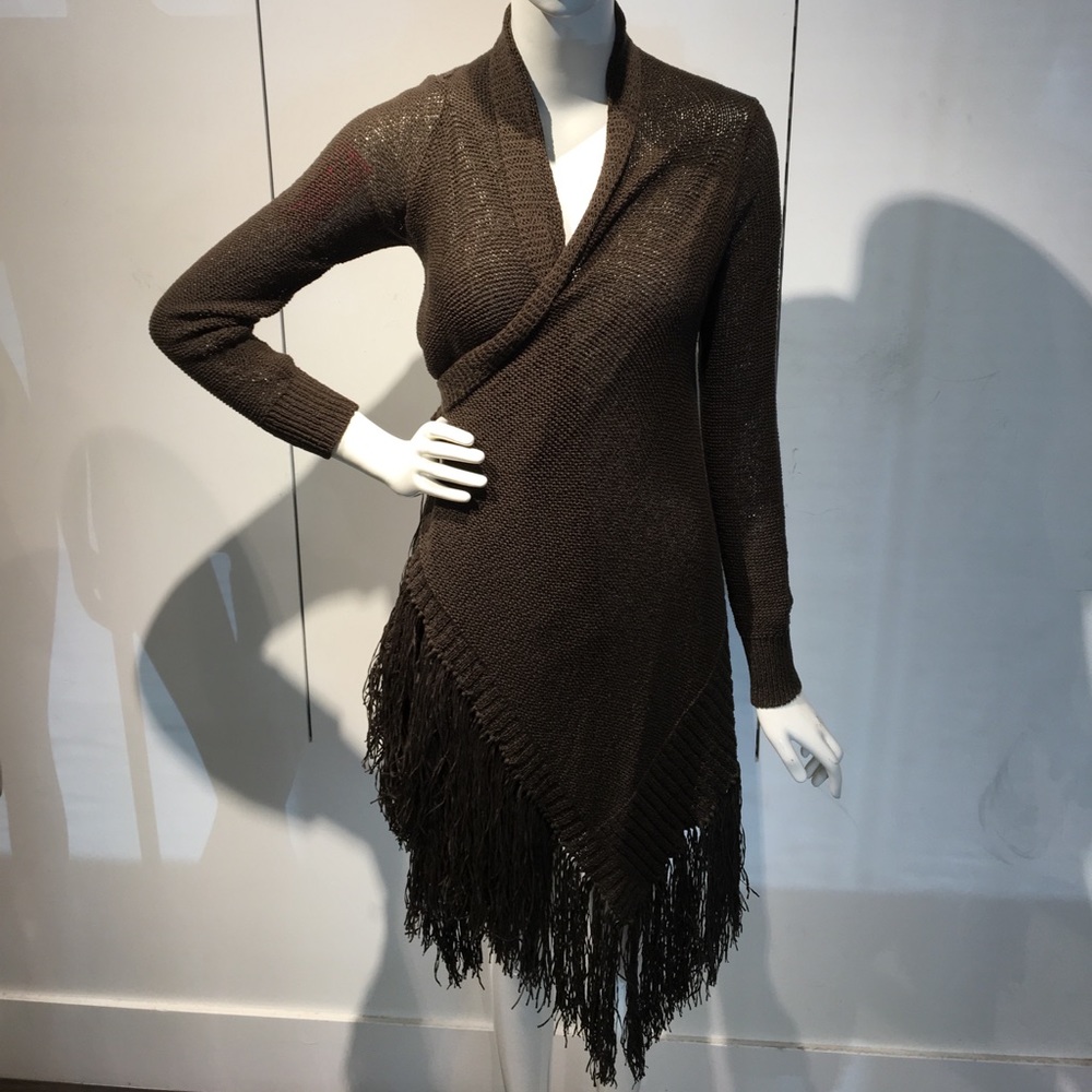 Dark olive green knitted fringe cardigan