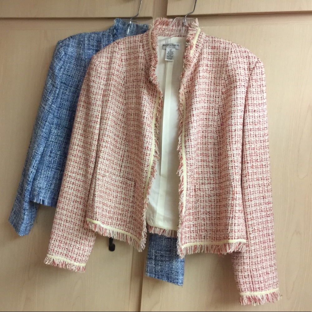 Two Damon &Draper jackets, blue and red print.