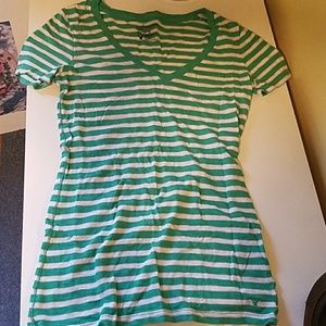 American eagle green & white striped V-neck shirt