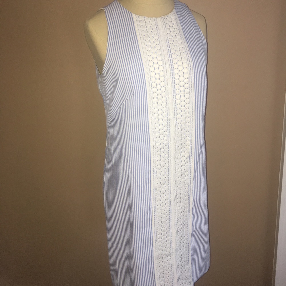 London Times Seersucker Lace Detail Shift Dress