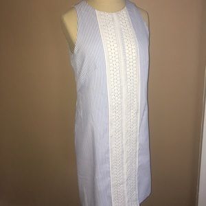 London Times Seersucker Lace Detail Shift Dress