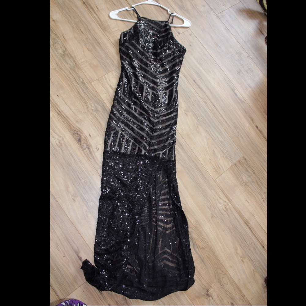 black sequin prom dress with leg slit