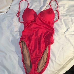 J.Crew low back coral one-piece bathing suit.
