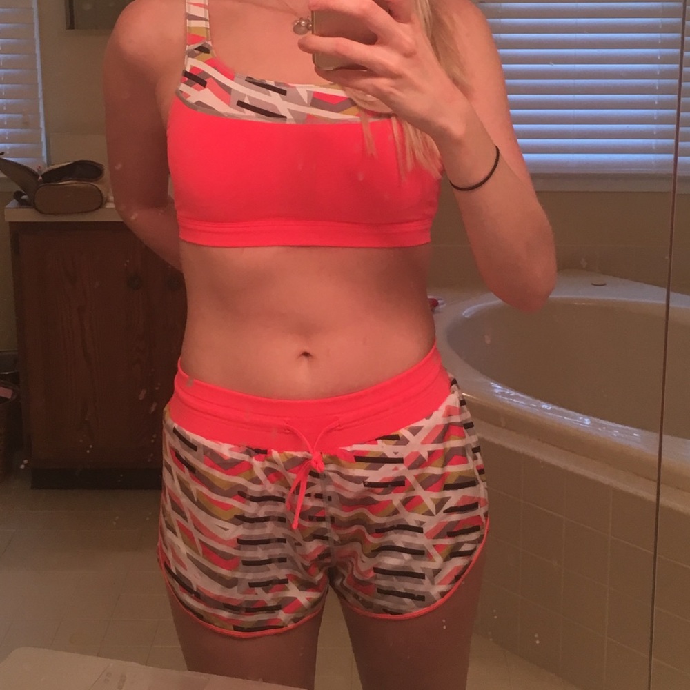 Fabletics running shorts--neon pink striped size S