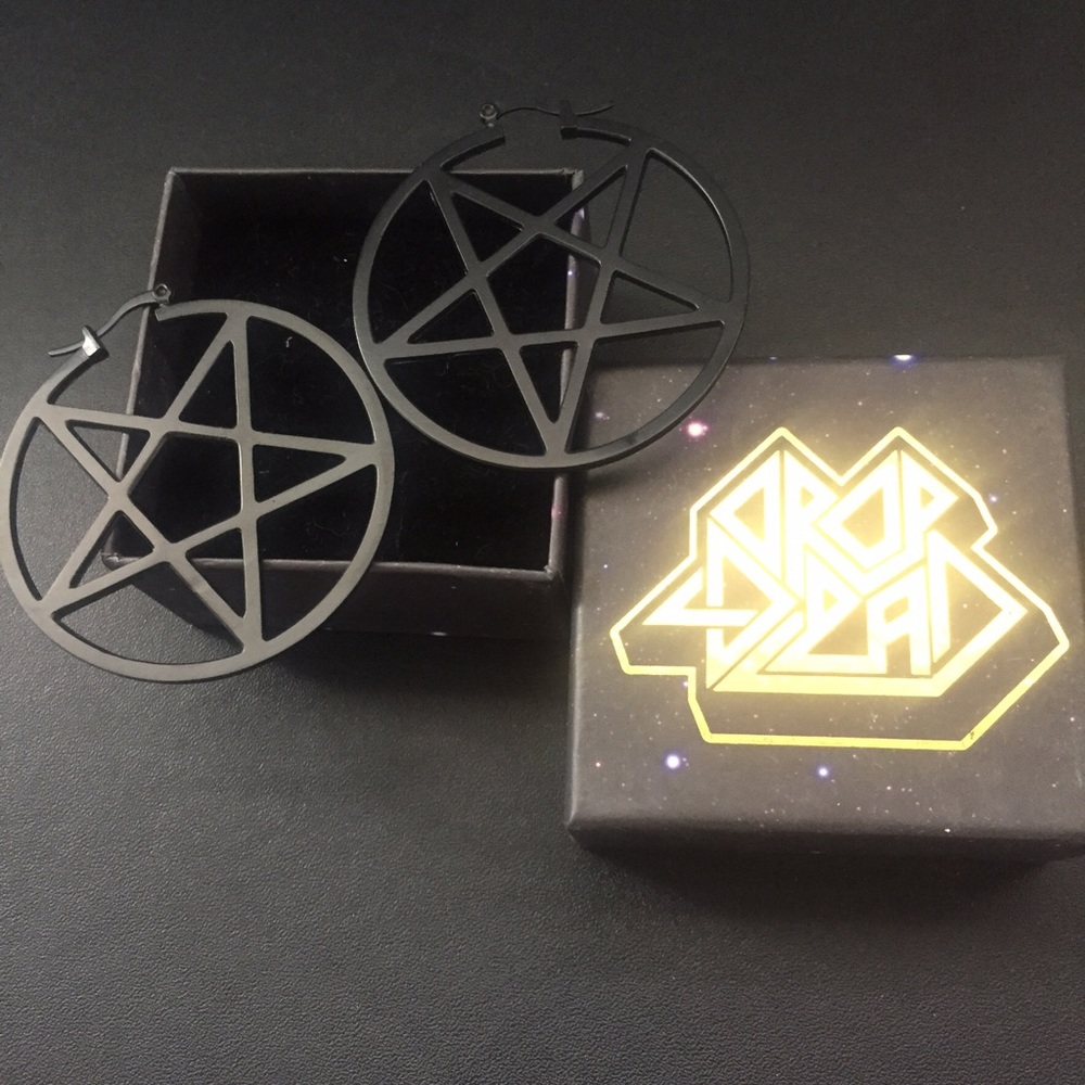 DROP DEAD PENTAGRAM HOOP EARRINGS. BRAND NEW W/BOX
