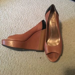 BCBG Nude and black open toed wedges