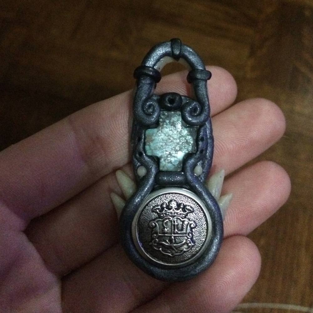 Clay pendent w/ silver Christian logo + turquoise