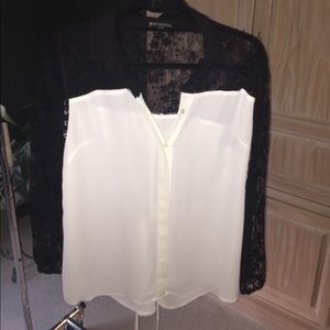 Sheer white and black lace sleeve button down