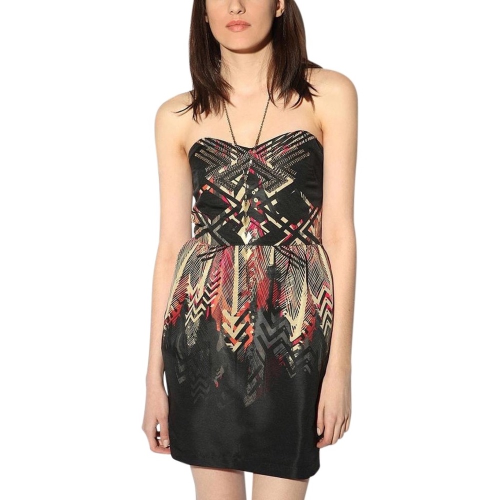 Strapless patterned dress with beaded accents