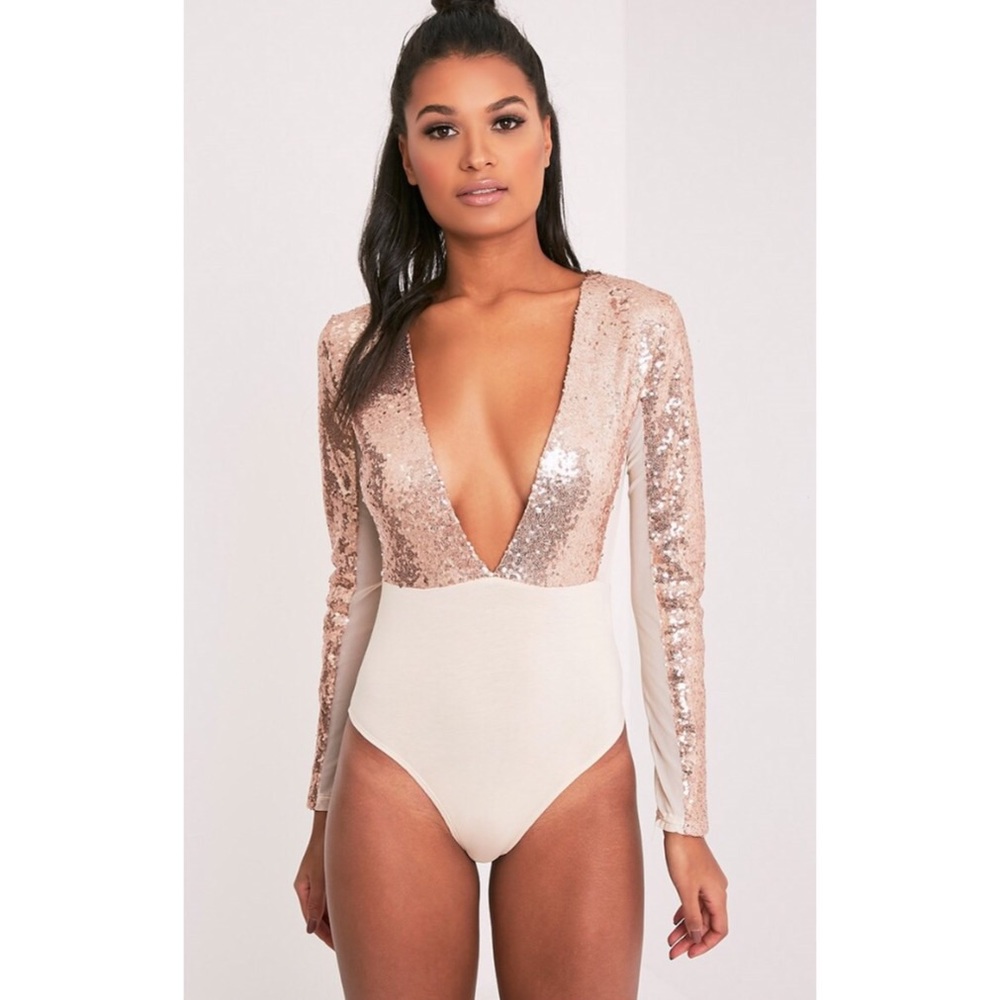 Rose gold sequin plunge bodysuit