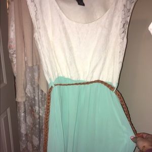 Mint and white lace dress with brown belt