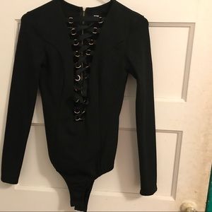 Nude black lace up bodysuit w zipper closure sz S