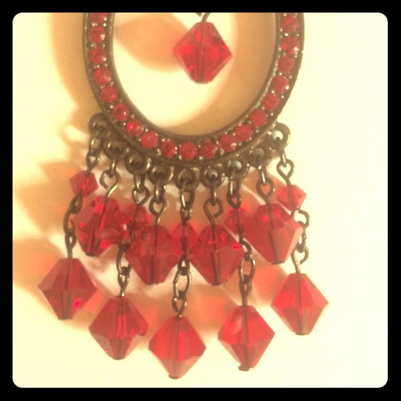 RED RHINESTONE CHANDELIER EARRINGS - Picture 5 of 6