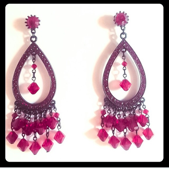 RED RHINESTONE CHANDELIER EARRINGS - Picture 2 of 6