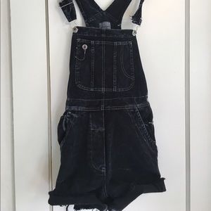 UO black denim overall shorts