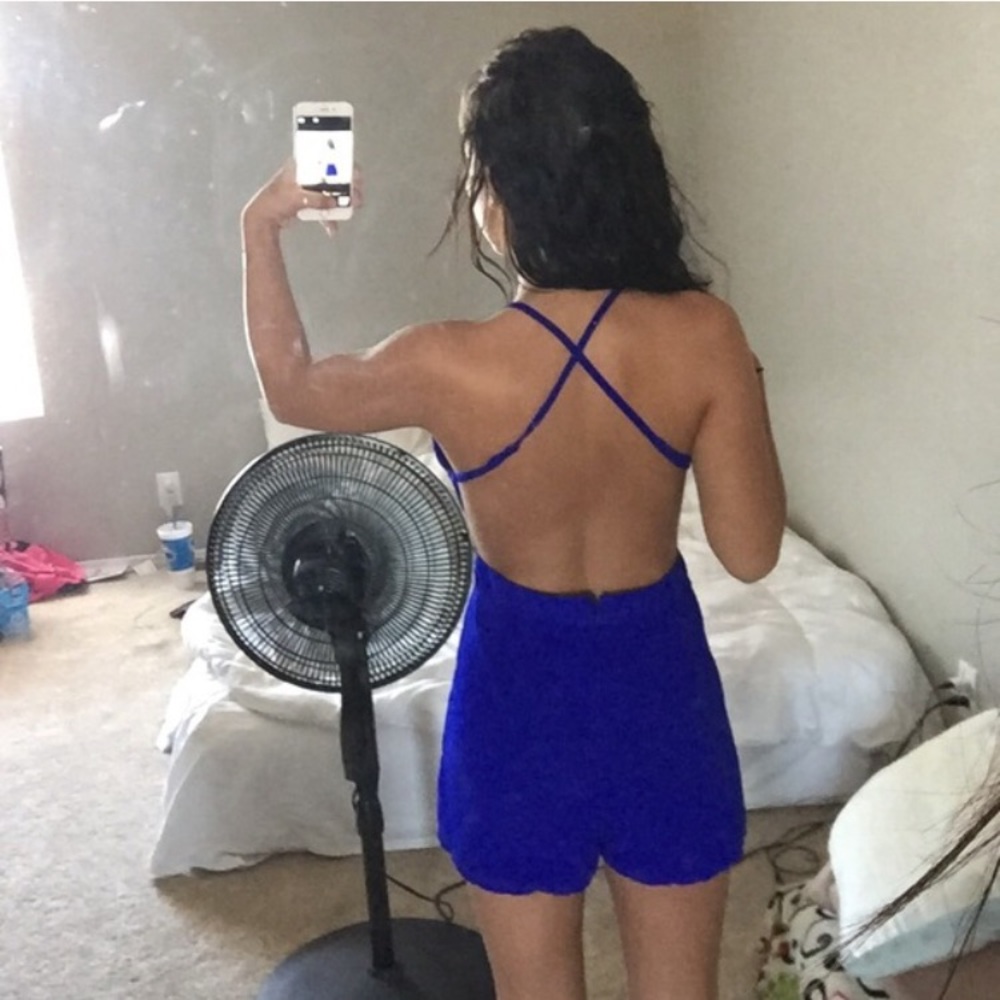 Backless royal blue romper
