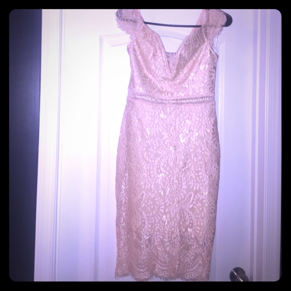 Peachy/ pink , lace, off the shoulder midi dress