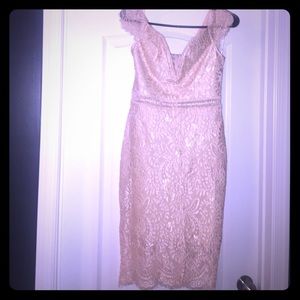 Peachy/ pink , lace, off the shoulder midi dress