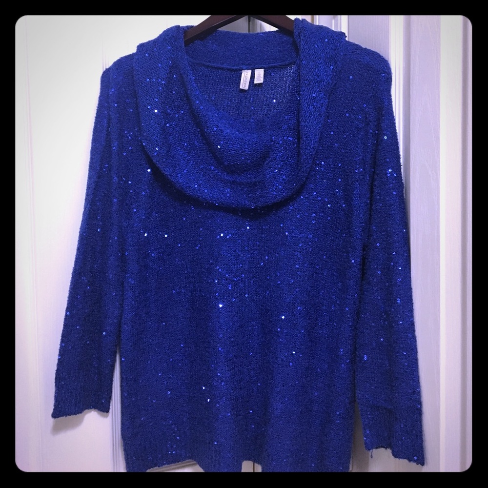 Blue Sequin Cowl-Neck Sweater
